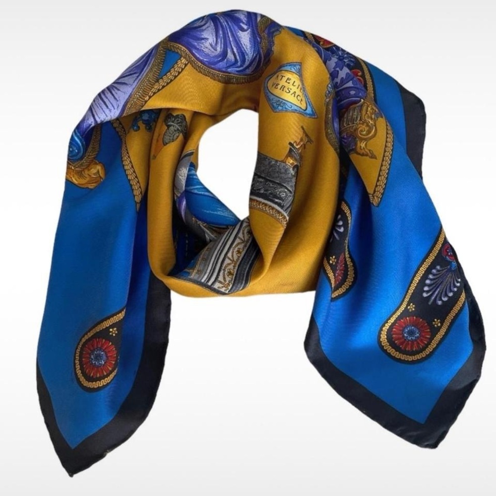 Versace Blue and Gold Silk Scarf